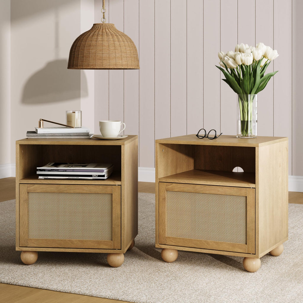 Nathan James Solace Mid Century Modern 2 Drawer Nightstand with Solid Wood Frame and Rounded Details, Raw Oak