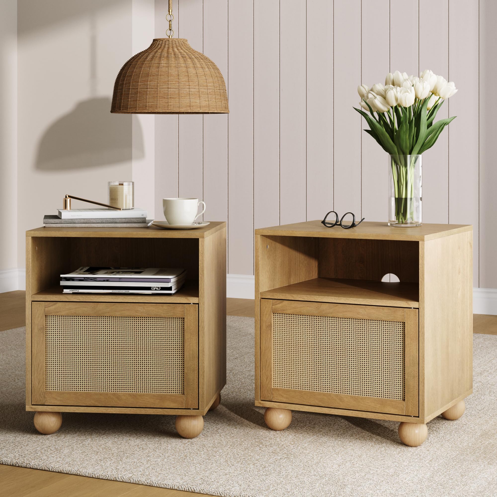 Nathan James Solace Mid Century Modern 2 Drawer Nightstand with Solid Wood Frame and Rounded Details, Raw Oak