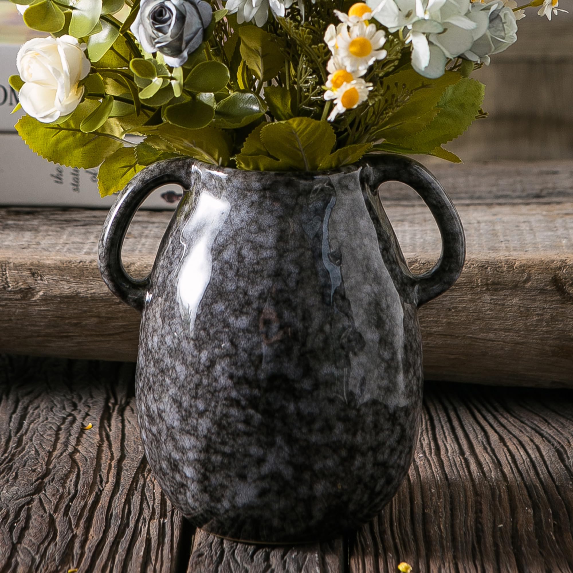 Tanvecle Blue Ceramic Vase with 2 Handles, Modern Farmhouse Decor, Rustic Terracotta Pottery, Decorative Flower Vases, Clay Small Vase, Centerpiece for Dining Table - 7 Inch Tall
