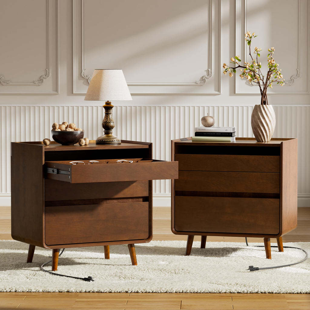 25.43" Walnut Finish Nightstand with Charging Station Mid Century Modern Night Stand with Leg Wood Bedside Table with Drawers Nightstand for Bedroom Dorm
