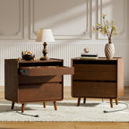 25.43" Walnut Finish Nightstand with Charging Station Mid Century Modern Night Stand with Leg Wood Bedside Table with Drawers Nightstand for Bedroom Dorm