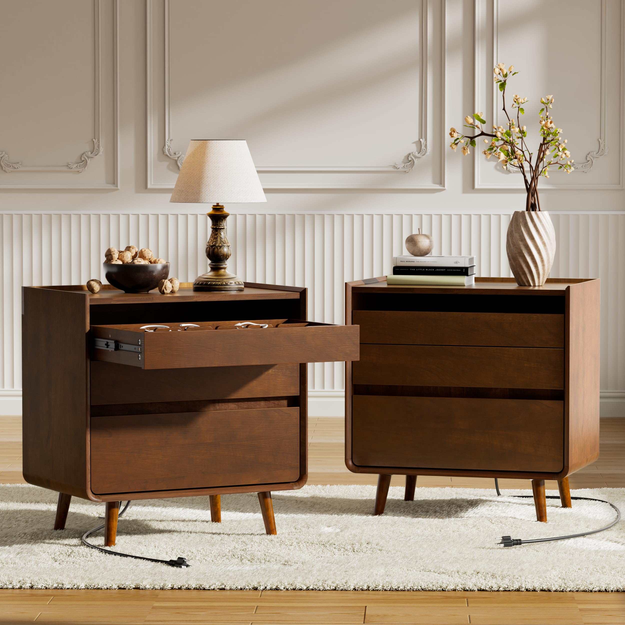 25.43" Walnut Finish Nightstand with Charging Station Mid Century Modern Night Stand with Leg Wood Bedside Table with Drawers Nightstand for Bedroom Dorm