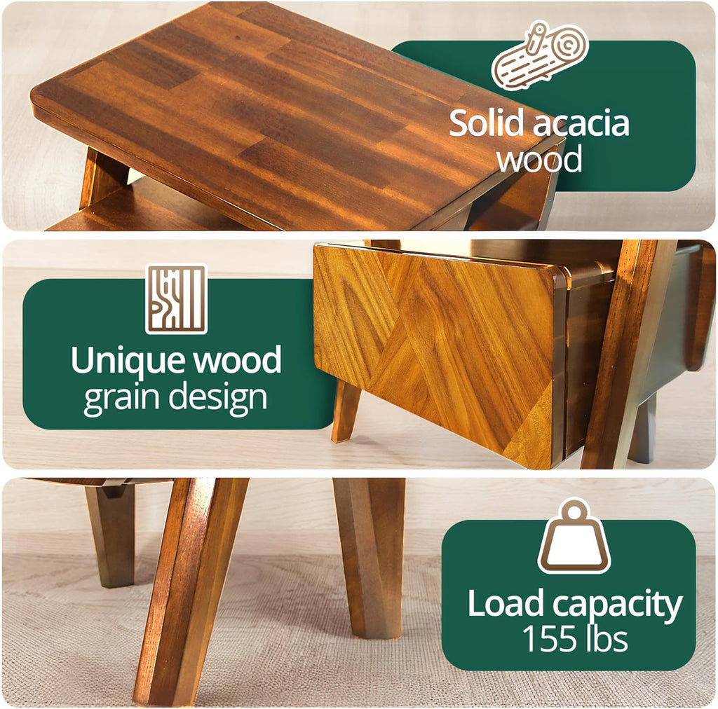 Rum Nightstand with Drawers, Solid Acacia Wood Bedside Table with Drawer & Open Shelf, Handcrafted Wood Grain End Table, Scratch & Water-Resistant, Durable & Easy Assembly (Caramel, Rum)