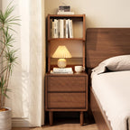 Solid Wood Bookshelf with Drawers,Narrow bookcase with Storage Shelves,Tall Nightstand with Drawers,Mid Century Modern Nightstand,Open Shelf Bookcase,Small Book Shelf for Bedroom,Living Room,Offices