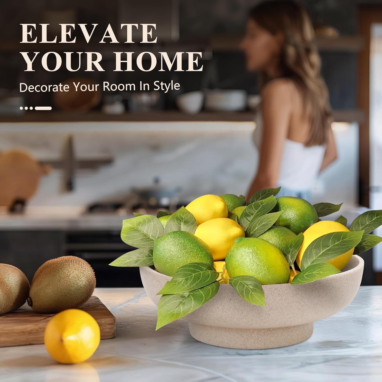 YMXYJM Large Decorative Bowl, Modern Handicraft Resin Bowls for Home Decor, Decorative Fruit Bowl for Kitchen Counter, Stylish Key Bowl for Entry Table, Artificial Stone Beige