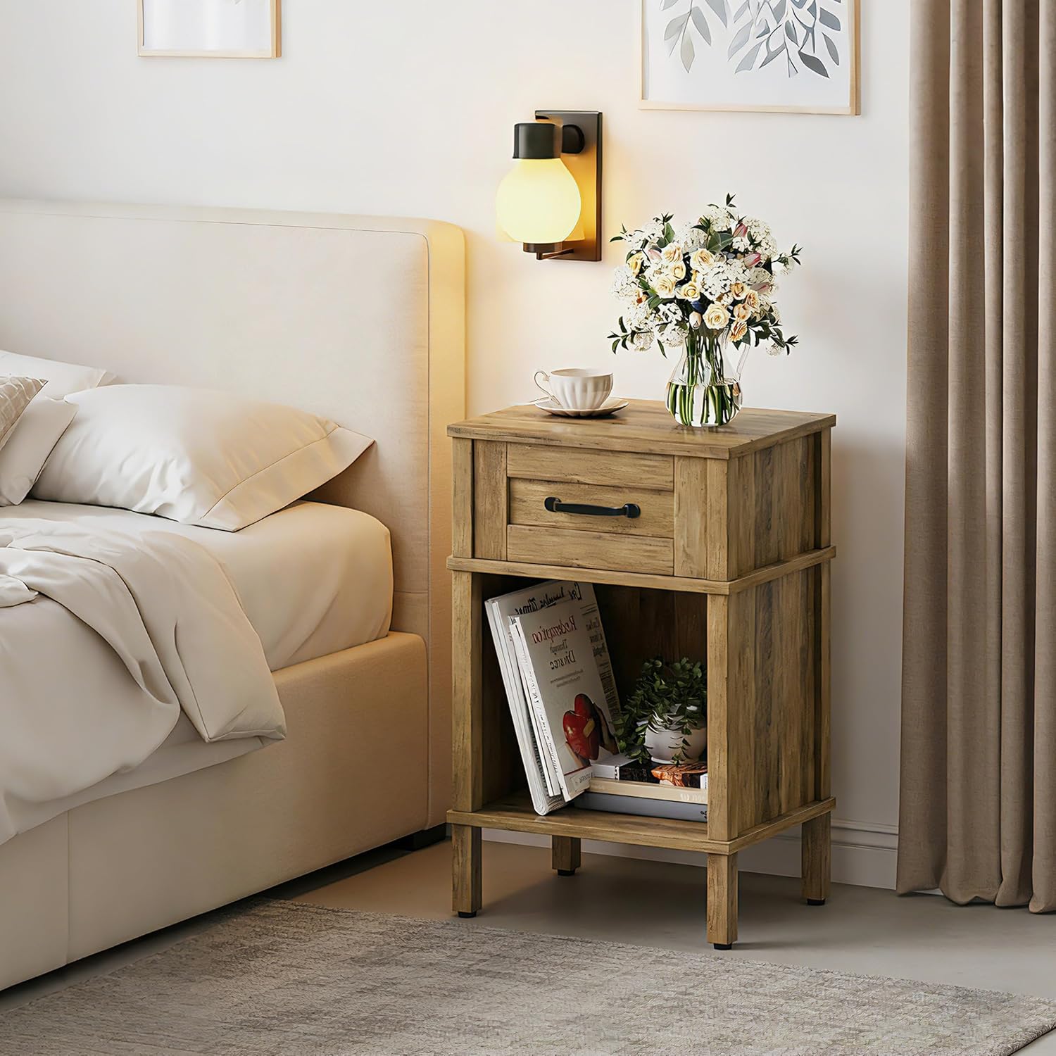 Farmhouse Nightstand with Drawer, Small Wood Bedside Table, Small Rustic Side Table, Modern End Table with Drawer, Wooden Walnut Brown Night Stand for Bedroom LET512DR