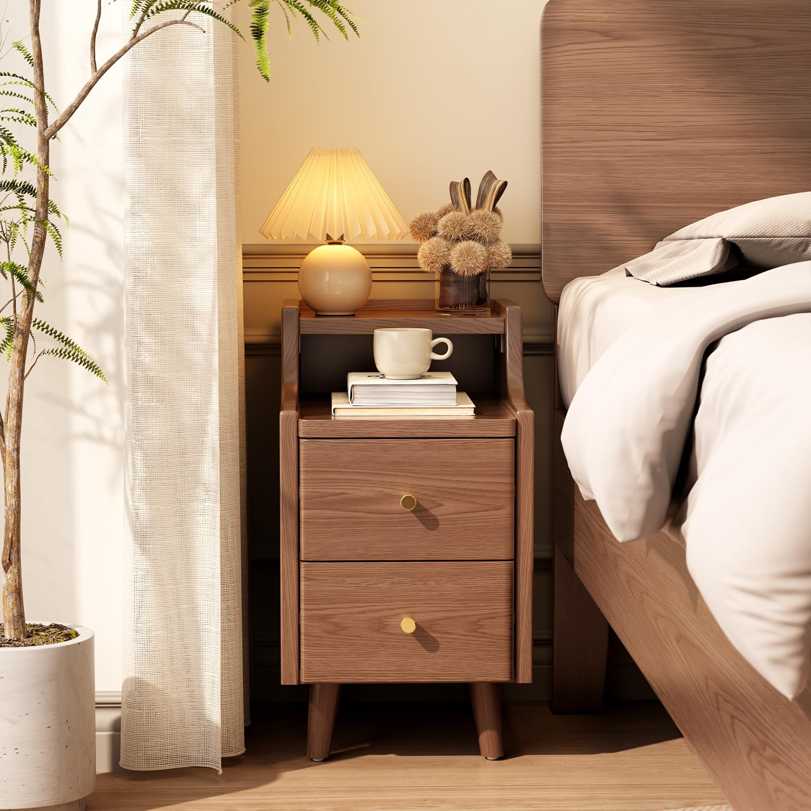 Narrow Nightstand with 2 Drawers,Walnut Nightstand,Bedside Table,Solid Wood Modern Bedside Table for Bedroom,Study,Toilet