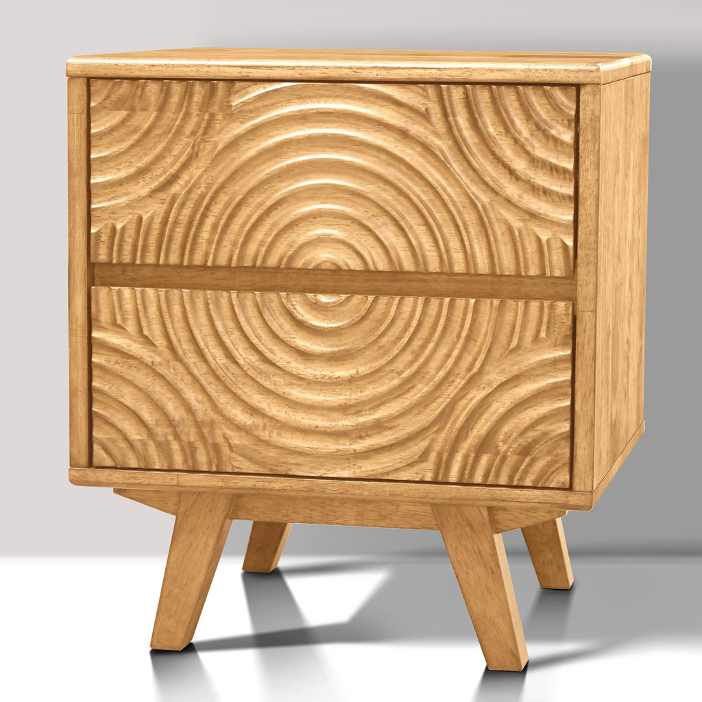 Acacia Harmony Solid Wood 2-Drawer Nightstand – Mid Century Modern Bedside Table with Carved Front, Vintage Walnut Finish, End Table for Bedroom or Living Room, Easy Assembly