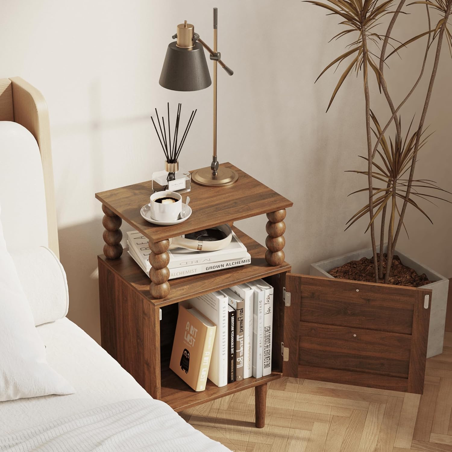 Veegle Nightstand,Modern Bedside Table with Storage Drawer and Open Wood Shelf, for Bedroom and Small Spaces,Night Stand with Solid Wood Legs (Walnut Brown)