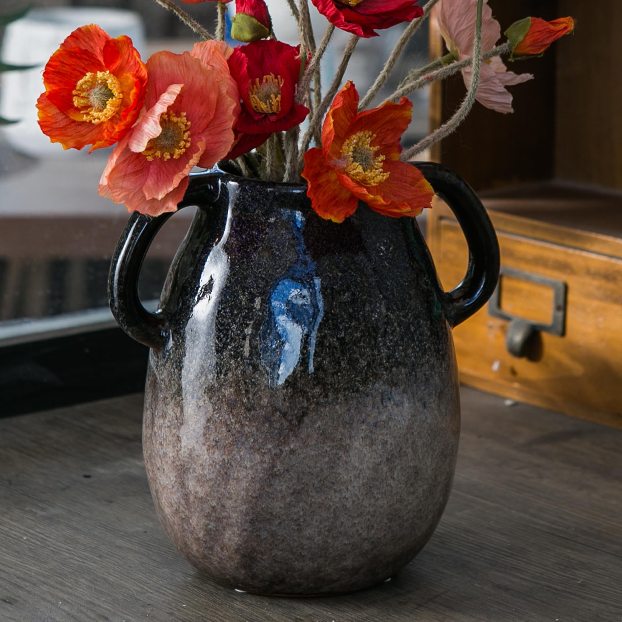 Tanvecle Blue Ceramic Vase with 2 Handles, Modern Farmhouse Decor, Rustic Terracotta Pottery, Decorative Flower Vases, Clay Small Vase, Centerpiece for Dining Table - 7 Inch Tall