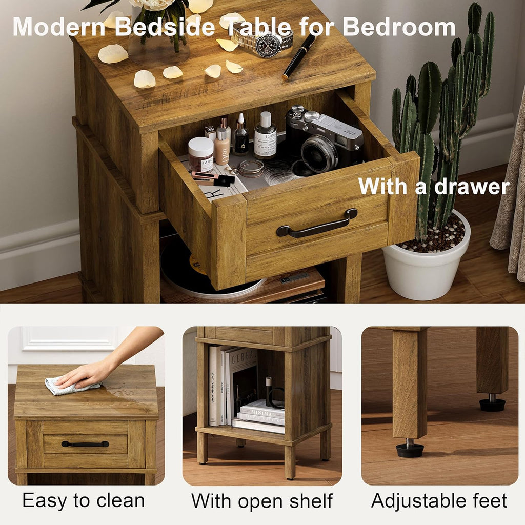 Farmhouse Nightstand with Drawer, Small Wood Bedside Table, Small Rustic Side Table, Modern End Table with Drawer, Wooden Walnut Brown Night Stand for Bedroom LET512DR