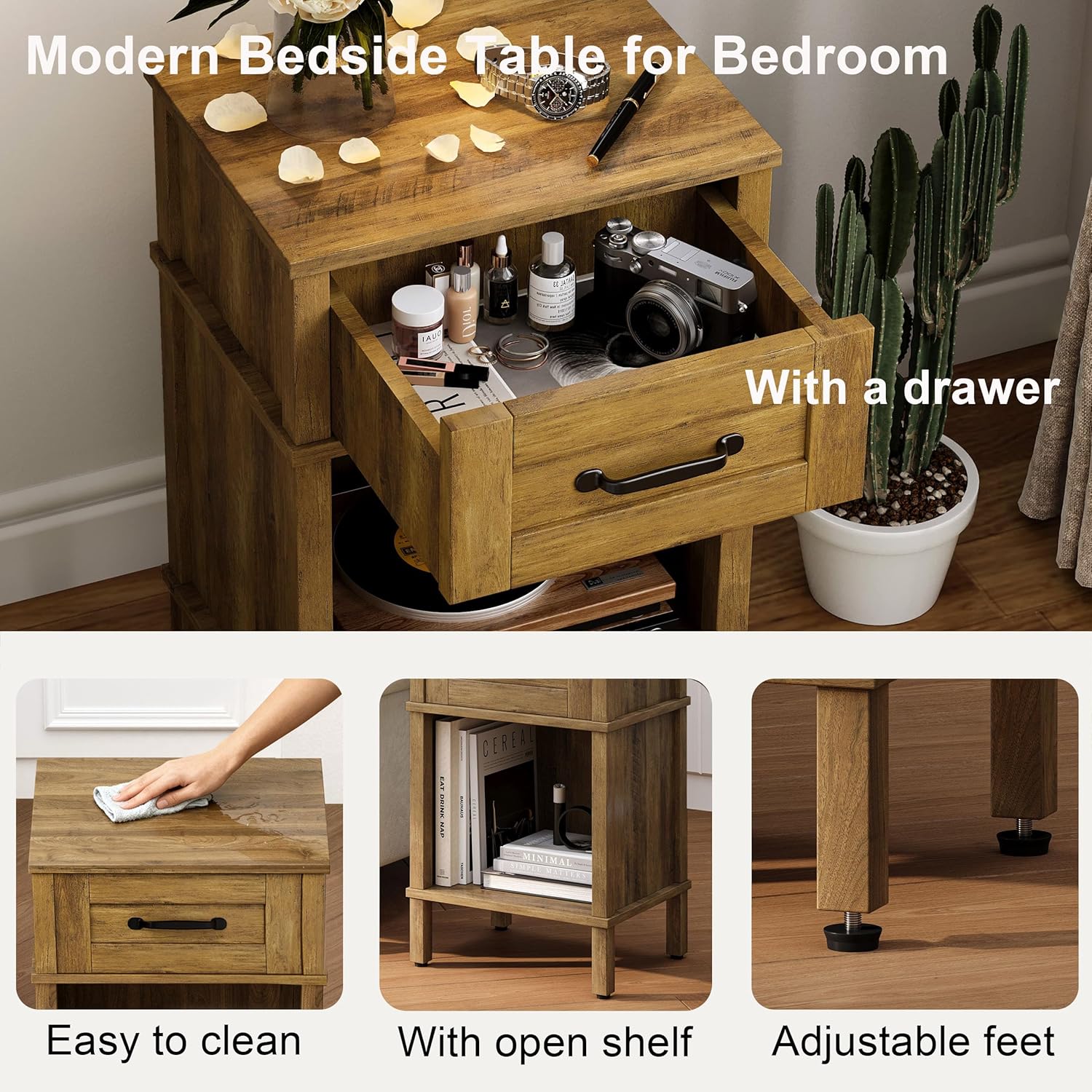 Farmhouse Nightstand with Drawer, Small Wood Bedside Table, Small Rustic Side Table, Modern End Table with Drawer, Wooden Walnut Brown Night Stand for Bedroom LET512DR
