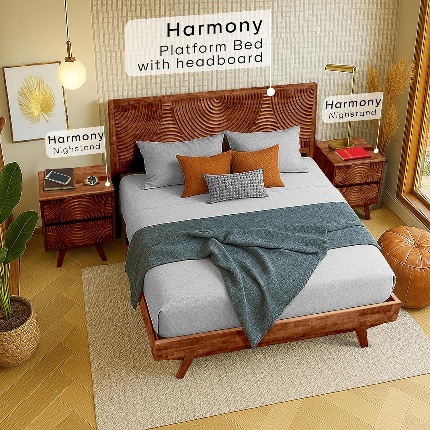 Acacia Harmony Solid Wood 2-Drawer Nightstand – Mid Century Modern Bedside Table with Carved Front, Vintage Walnut Finish, End Table for Bedroom or Living Room, Easy Assembly