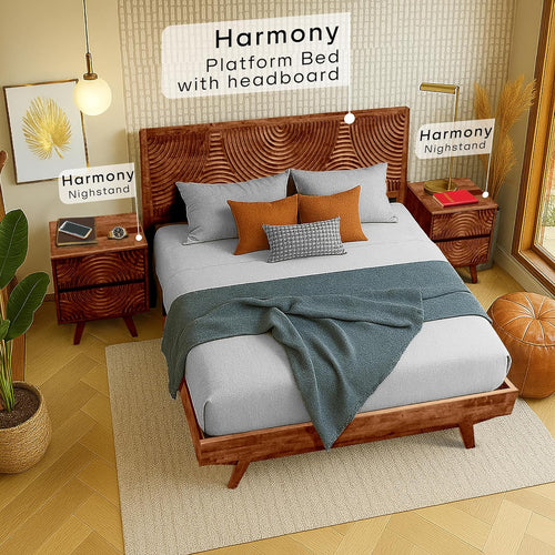 Acacia Harmony Solid Wood 2-Drawer Nightstand – Mid Century Modern Bedside Table with Carved Front, Vintage Walnut Finish, End Table for Bedroom or Living Room, Easy Assembly