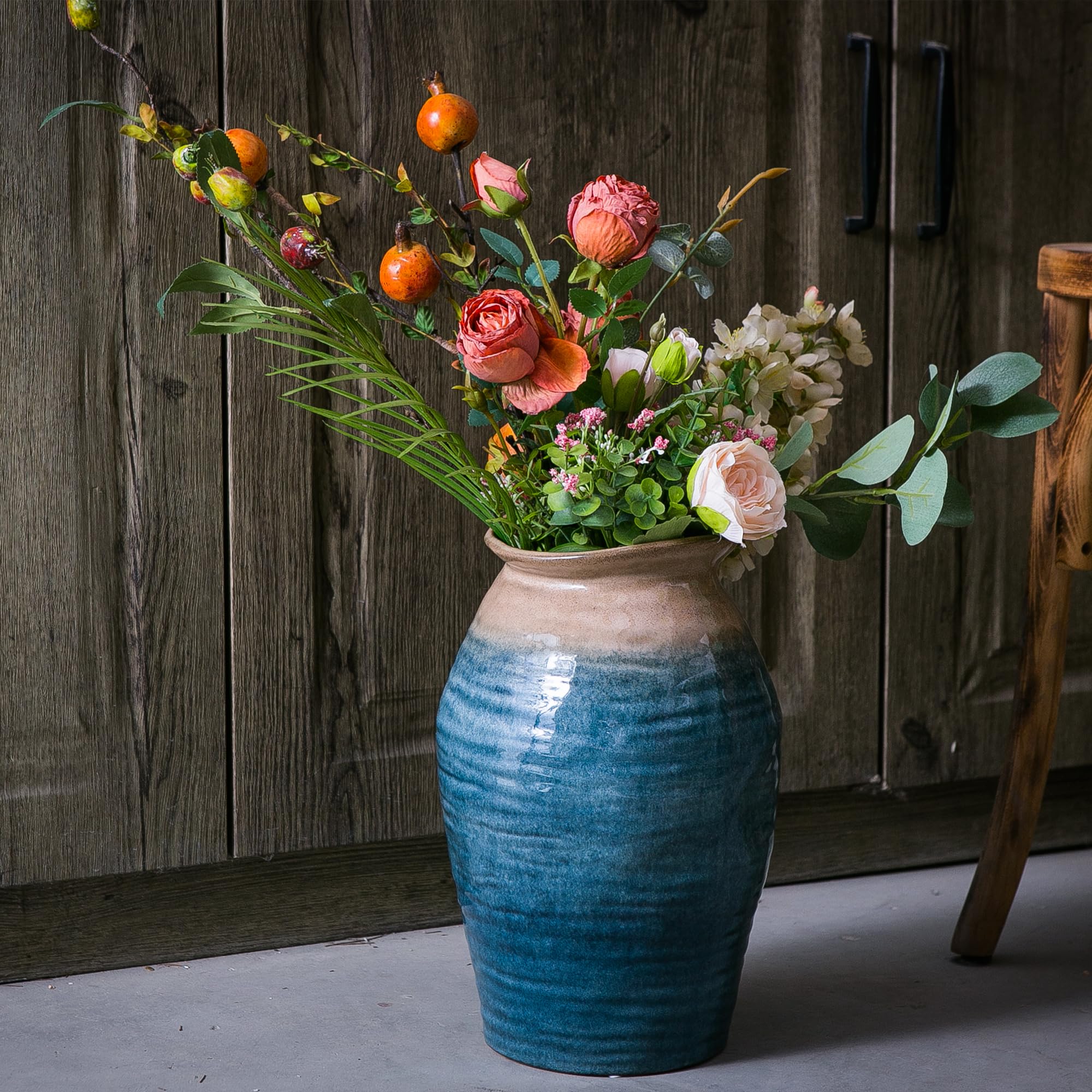 Tanvecle Blue Ceramic Vase with 2 Handles, Modern Farmhouse Decor, Rustic Terracotta Pottery, Decorative Flower Vases, Clay Small Vase, Centerpiece for Dining Table - 7 Inch Tall
