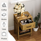 Farmhouse Nightstand with Drawer, Small Wood Bedside Table, Small Rustic Side Table, Modern End Table with Drawer, Wooden Walnut Brown Night Stand for Bedroom LET512DR