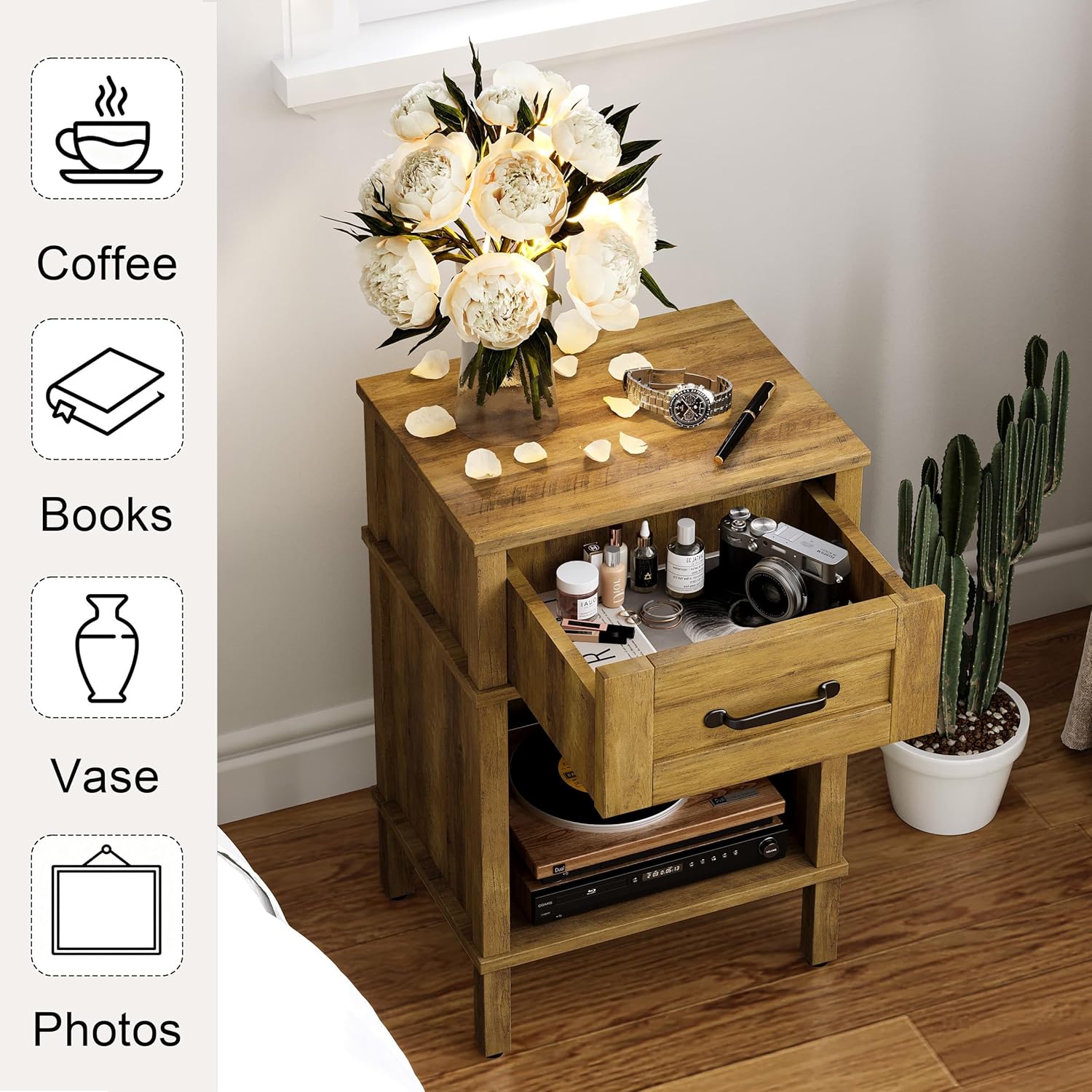 Farmhouse Nightstand with Drawer, Small Wood Bedside Table, Small Rustic Side Table, Modern End Table with Drawer, Wooden Walnut Brown Night Stand for Bedroom LET512DR