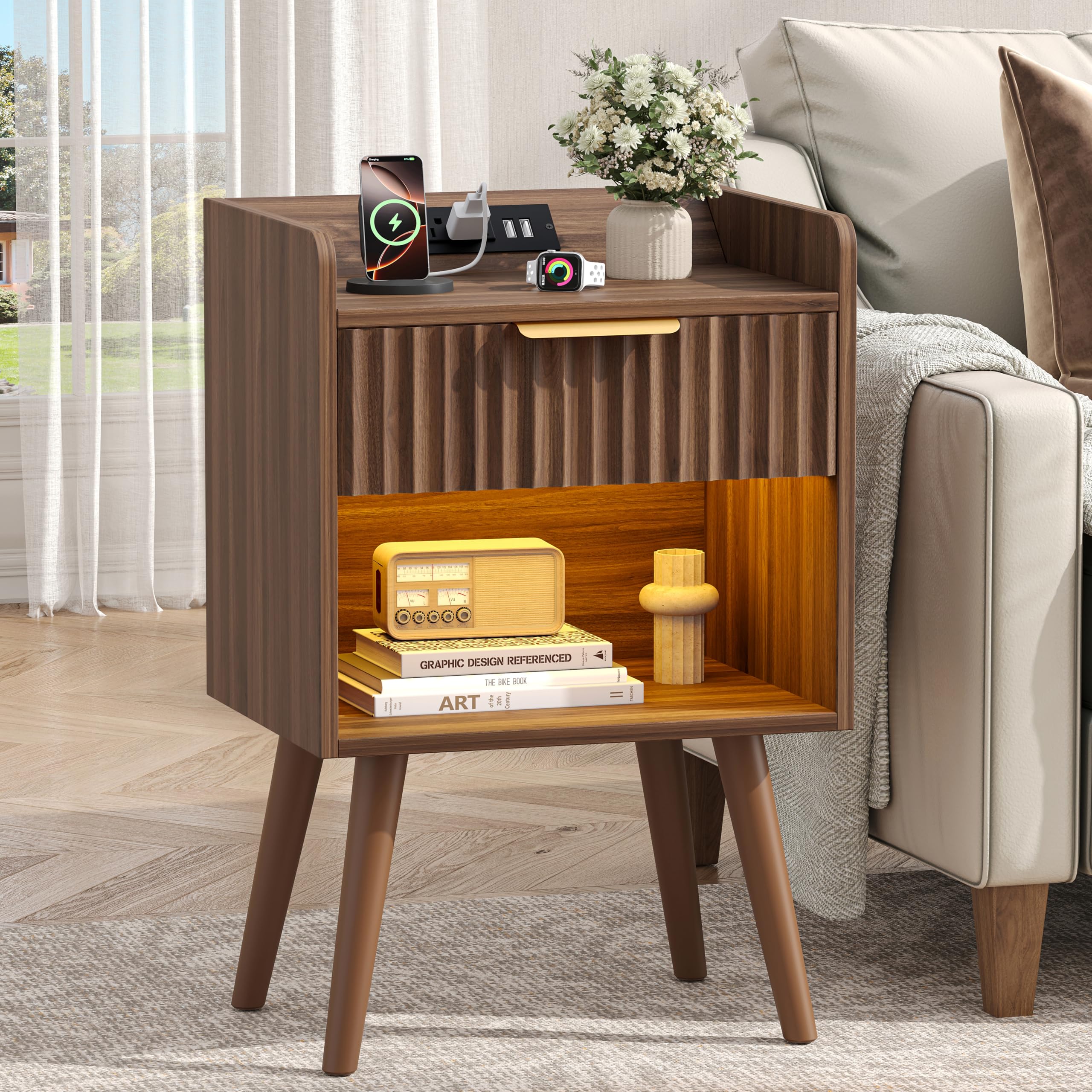 Nightstand, Fluted Night Stand with Charging Station, Small Bedside Table with Drawer&Open Storage, Solid Wood Legs, End Table for Bedroom, Walnut