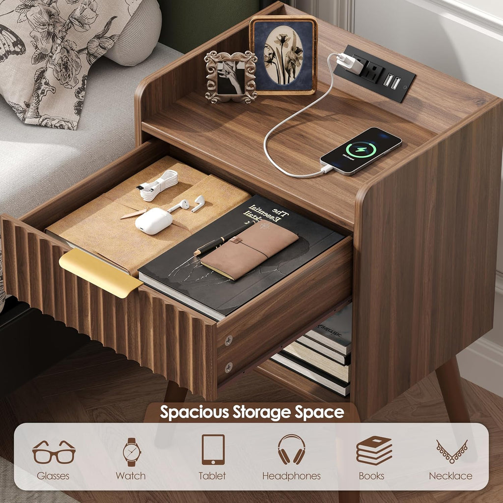 Nightstand, Fluted Night Stand with Charging Station, Small Bedside Table with Drawer&Open Storage, Solid Wood Legs, End Table for Bedroom, Walnut