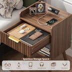 Nightstand, Fluted Night Stand with Charging Station, Small Bedside Table with Drawer&Open Storage, Solid Wood Legs, End Table for Bedroom, Walnut