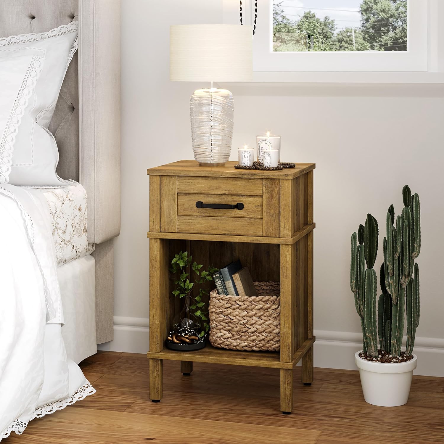 Farmhouse Nightstand with Drawer, Small Wood Bedside Table, Small Rustic Side Table, Modern End Table with Drawer, Wooden Walnut Brown Night Stand for Bedroom LET512DR