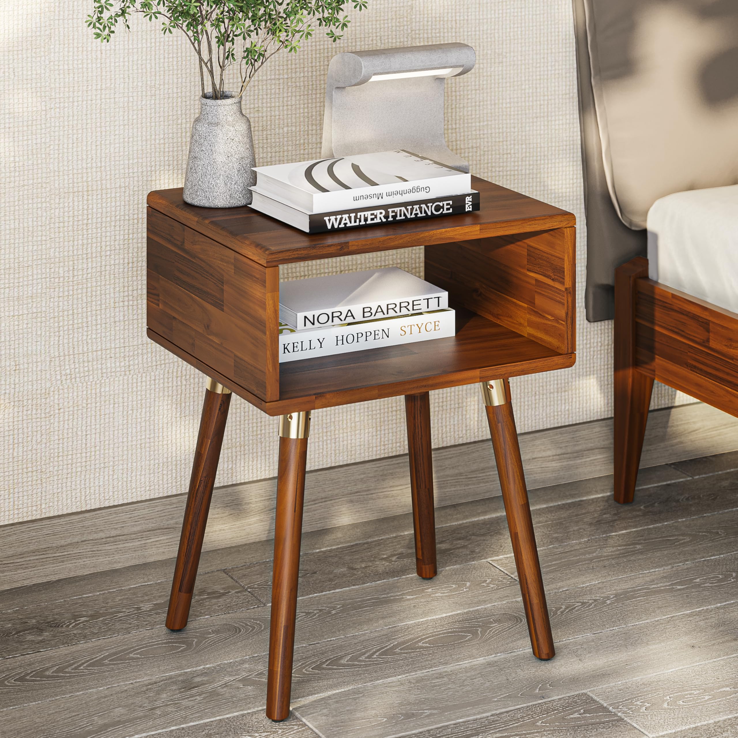 Bme Alden Solid Wood Nightstand/Side Table/End Table, Fully Assembled, with 1-Drawer for Mid Century Bedroom and Living Room, (12mm), Dark Chocolate