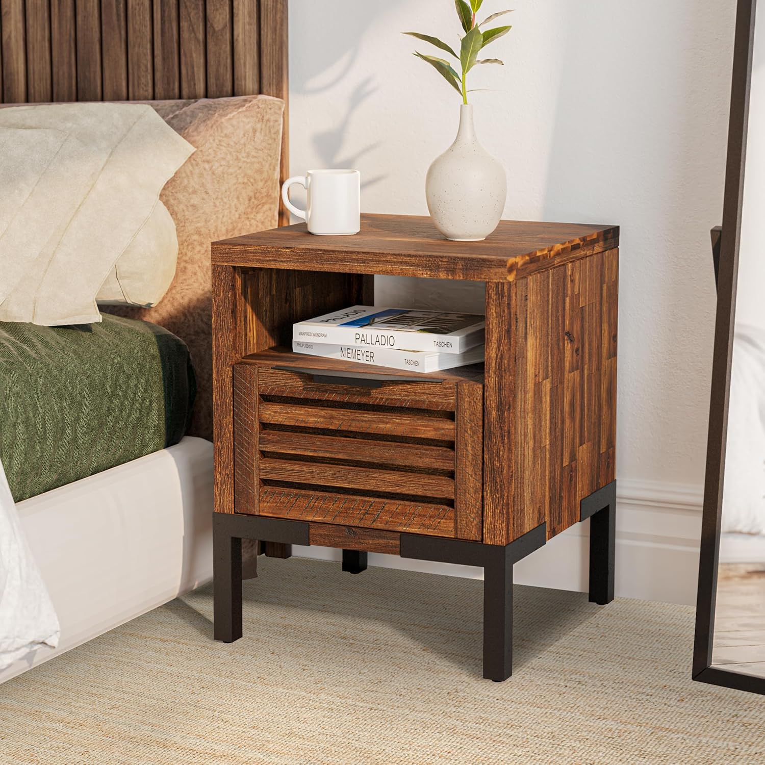 Bme Millie Solid Acacia Wood Rustic Nightstand with Drawers & Open Shelf, Pre-Assembled Industrial Modern Side Table for Living Room, Bedroom