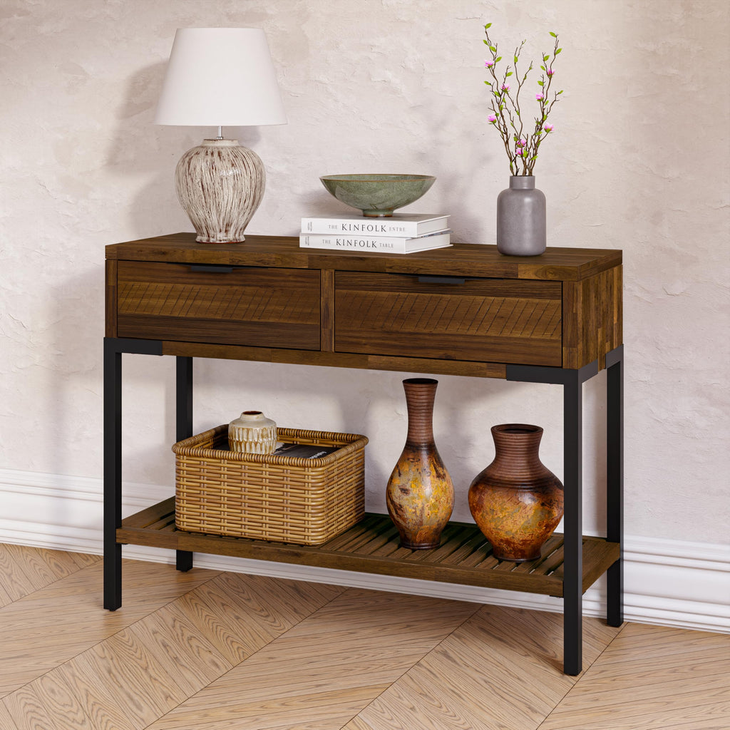 Bme Millie Solid Acacia Wood Rustic Nightstand with Drawers & Open Shelf, Pre-Assembled Industrial Modern Side Table for Living Room, Bedroom