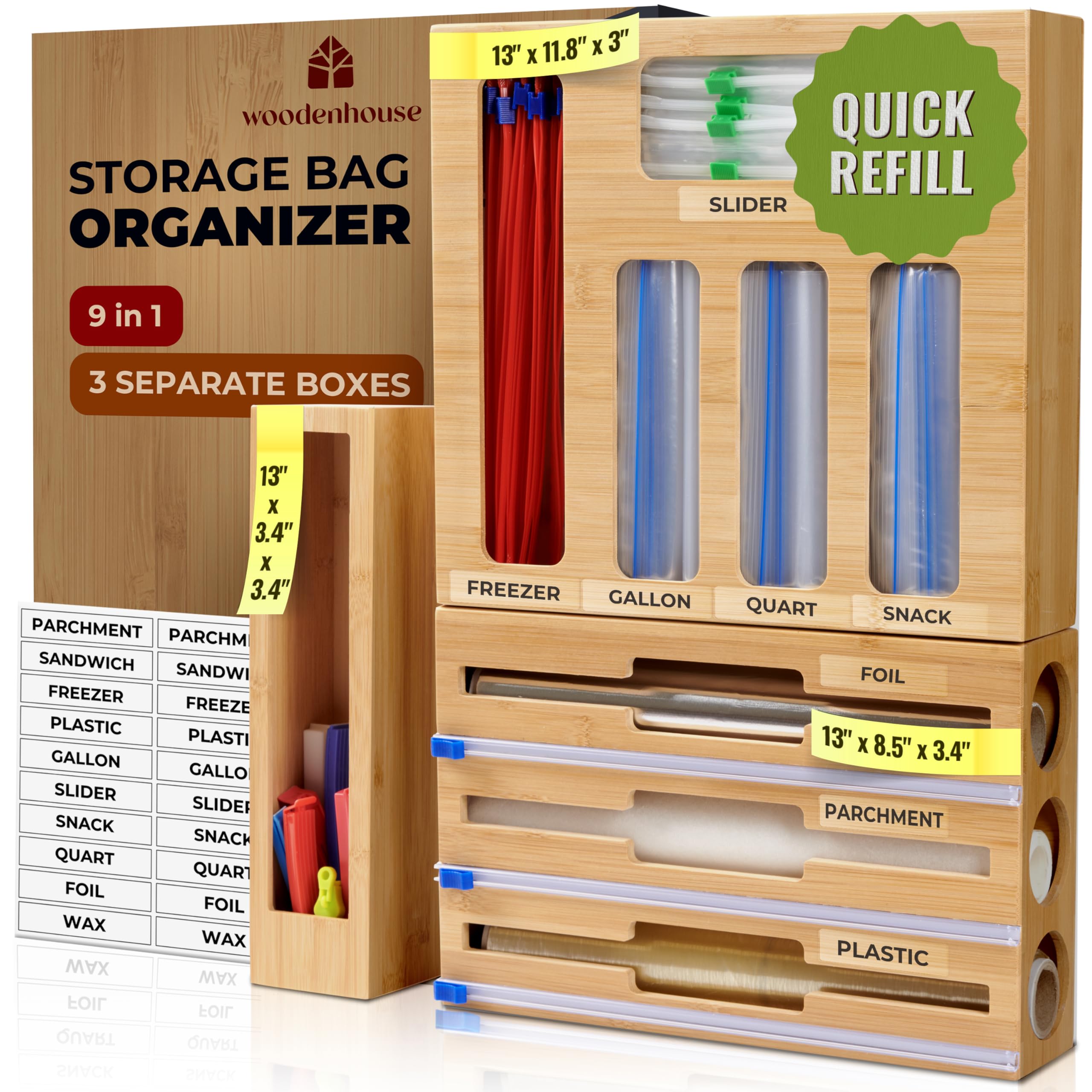 Storage Bag Organizer, Bamboo Baggie Organizer for Drawer, 4 Modular Blocks for Kitchen Organization, Plastic Bag Storage Organizer, Quick Refill - Fits Gallon, Quart, Sandwich, Snack Size Bags
